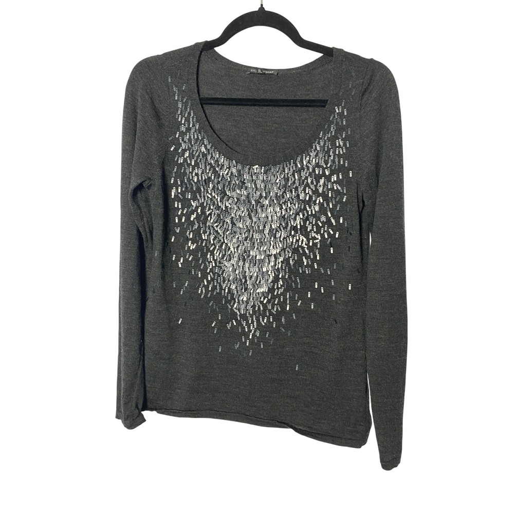 Eileen Fisher Womens Sequin Merino Wool‎ Sweater S Gray Embellished Glam Holiday